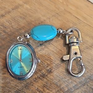 Quartz Analog Clip Watch with Stainless Silver & Turquoise Face & Accent Stone